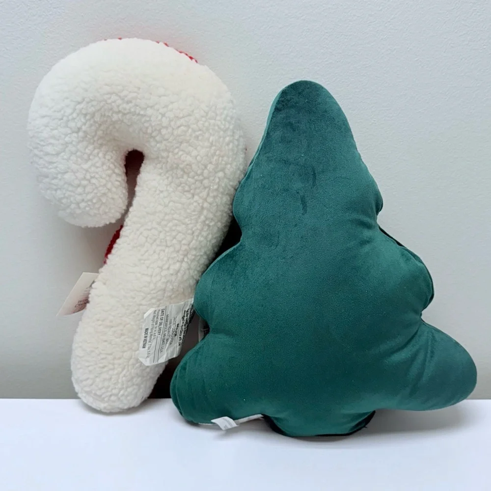 New! Set of 2 Holiday Plush Throw Pillows- Red & White Candy Cane & Green Tree
